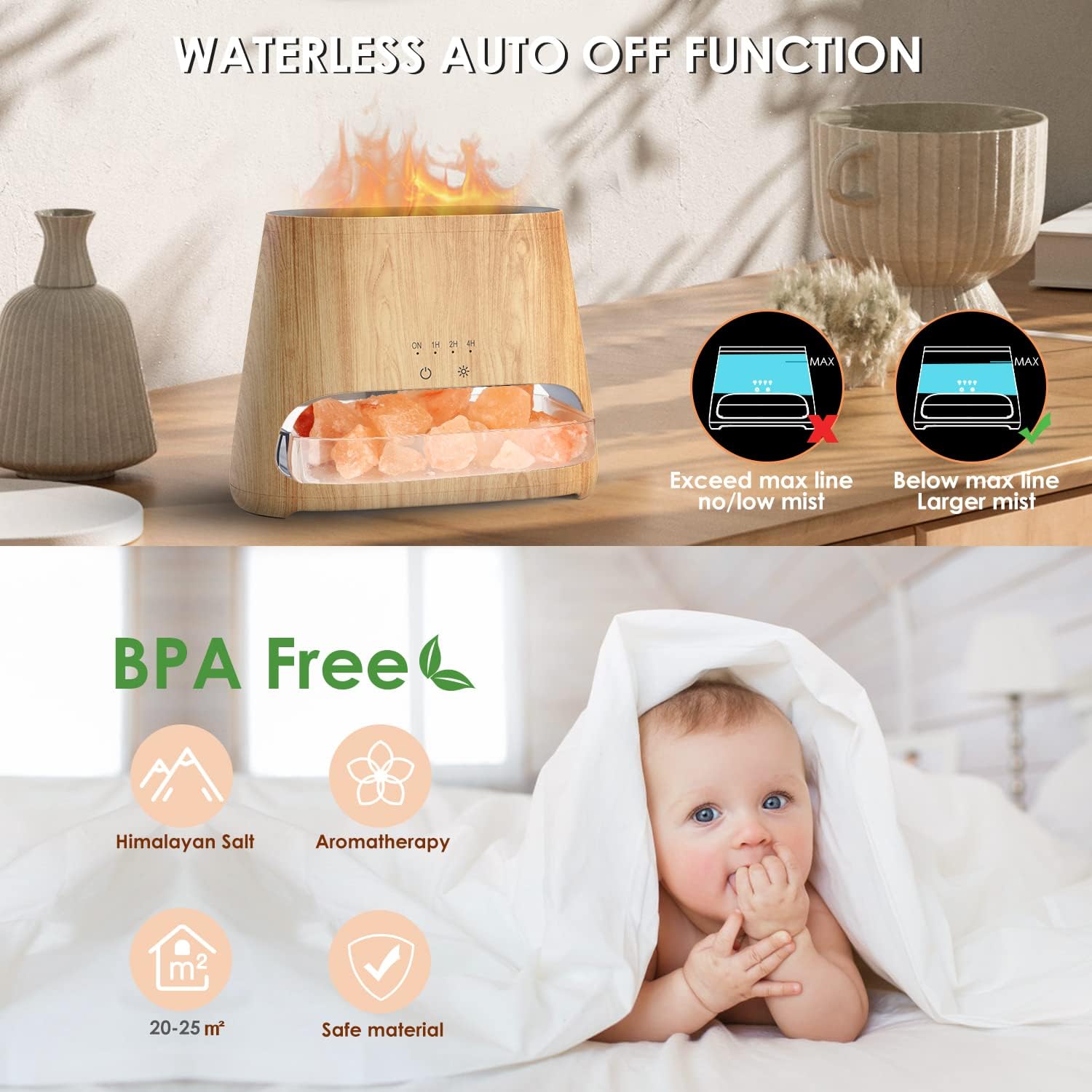 SALKING 2-in-1 Ultrasonic Essential Oil Diffuser & Himalayan Salt Lamp, Aromatherapy Diffuser Cool Mist Humidifier with Auto Off Function, 100% Pure Himalayan Pink Salt Rock, 150ml (Wooden Grain) | Ultrasonic Aromatherapy Diffuser, Cool Mist Humidifier with Auto Shut-Off, 100% Pure Himalayan Pink Salt Rock, Wooden Grain - Image 6