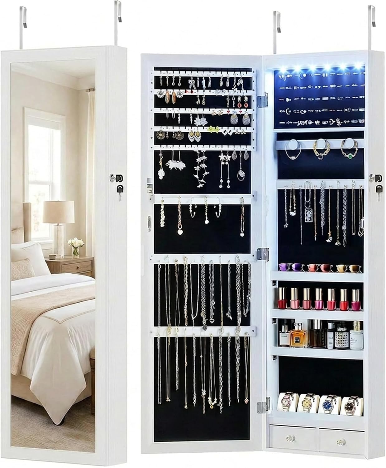 DUMOS 6 LEDs Mirror Jewelry Cabinet, Wall or Door Mounted Jewelry Organizer, 47.2-Inch Tall Lockable Large Capacity Cosmetic Storage, Gift Idea, White | Hanging Door or Wall Mounted Mirror, Lockable, Large Capacity Cosmetic Storage, 2 Drawers, Gift Idea, White