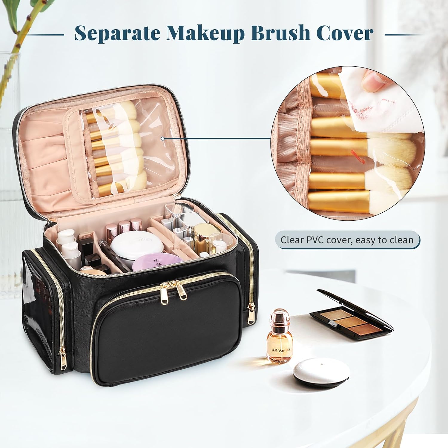 Bagmoly Large Makeup Bag, Portable Travel Makeup Bag Organizer for Women Girls with Makeup Brush Compartment & Two Side Pockets, Cosmetic Travel Bag Vertical Storage Toiletry Bag - Black - Image 3