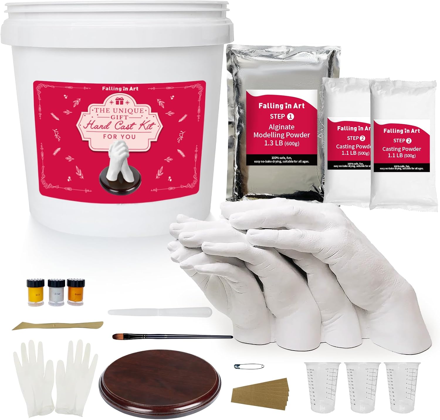 Falling in Art Hand Casting Kit Couples - Keepsake Plaster Hand Mold Kit | for Family, Kids, Adults with Large Bucket, Gloves, Powder Materials, Color Paints, Wooden Base, Valentine's Day gift