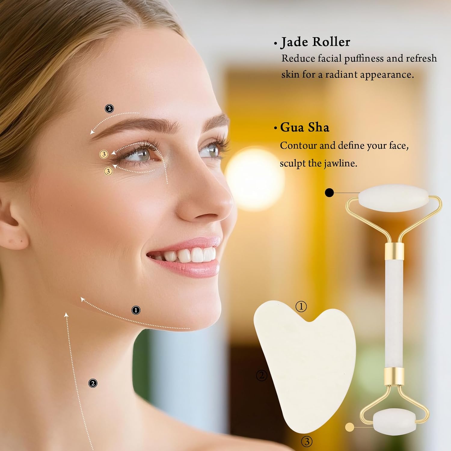 Real Perfection Gua Sha Facial Tools Face Roller for Wrinkles Jade Roller and Gua Sha Set, Scrubber Pore Brush Headband Skin Care Tools for Travel Skincare Routine Massaging Reducing Puffiness - White - Image 3