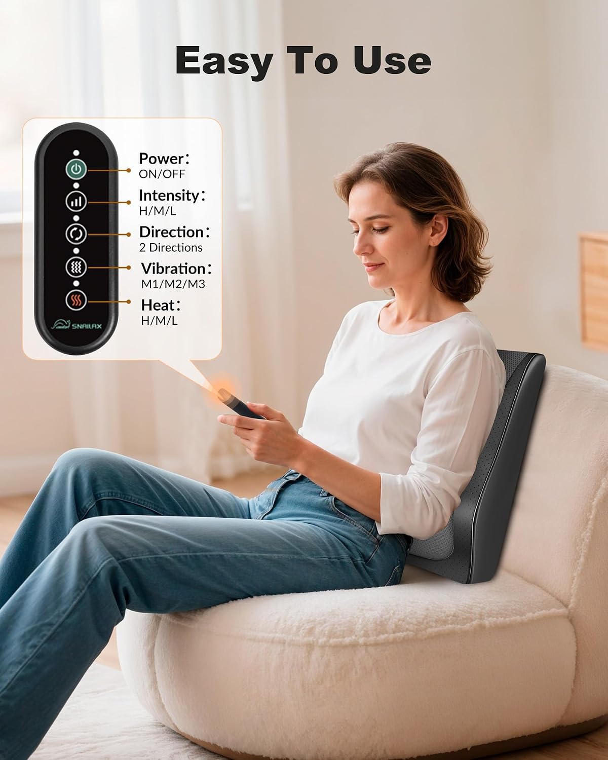 Snailax Shiatsu Back Massager with Heat, Cordless 4D Neck Massage Pillow | 8 Nodes, 3 Vibration Modes, 2500mAh Battery, 2-Hour Runtime, 30-Min Auto-Off, Deep Kneading, Detachable Intensity Flap - Image 7