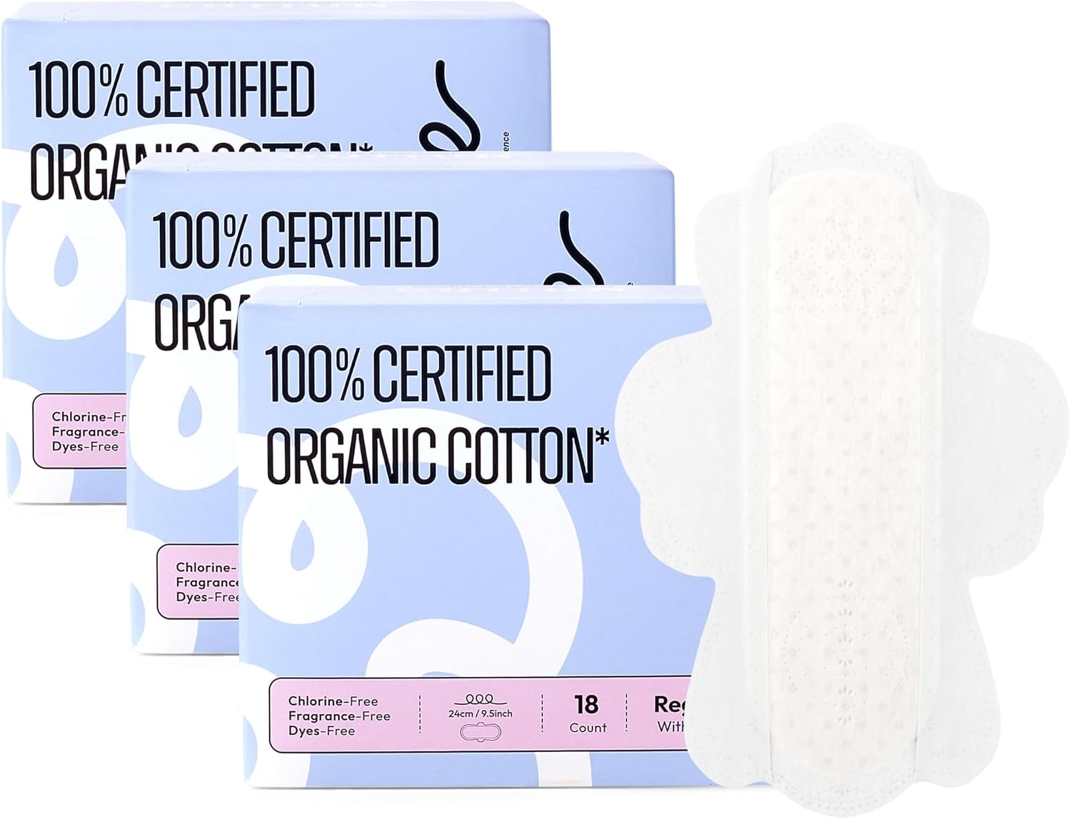 RPE Life 100% GOTS Organic Cotton Menstrual Pads with Wings, 54 Count | Bulk pack menstrual pads with wings breathable ultra thin comfort and reliable leak protection for sensitive skin