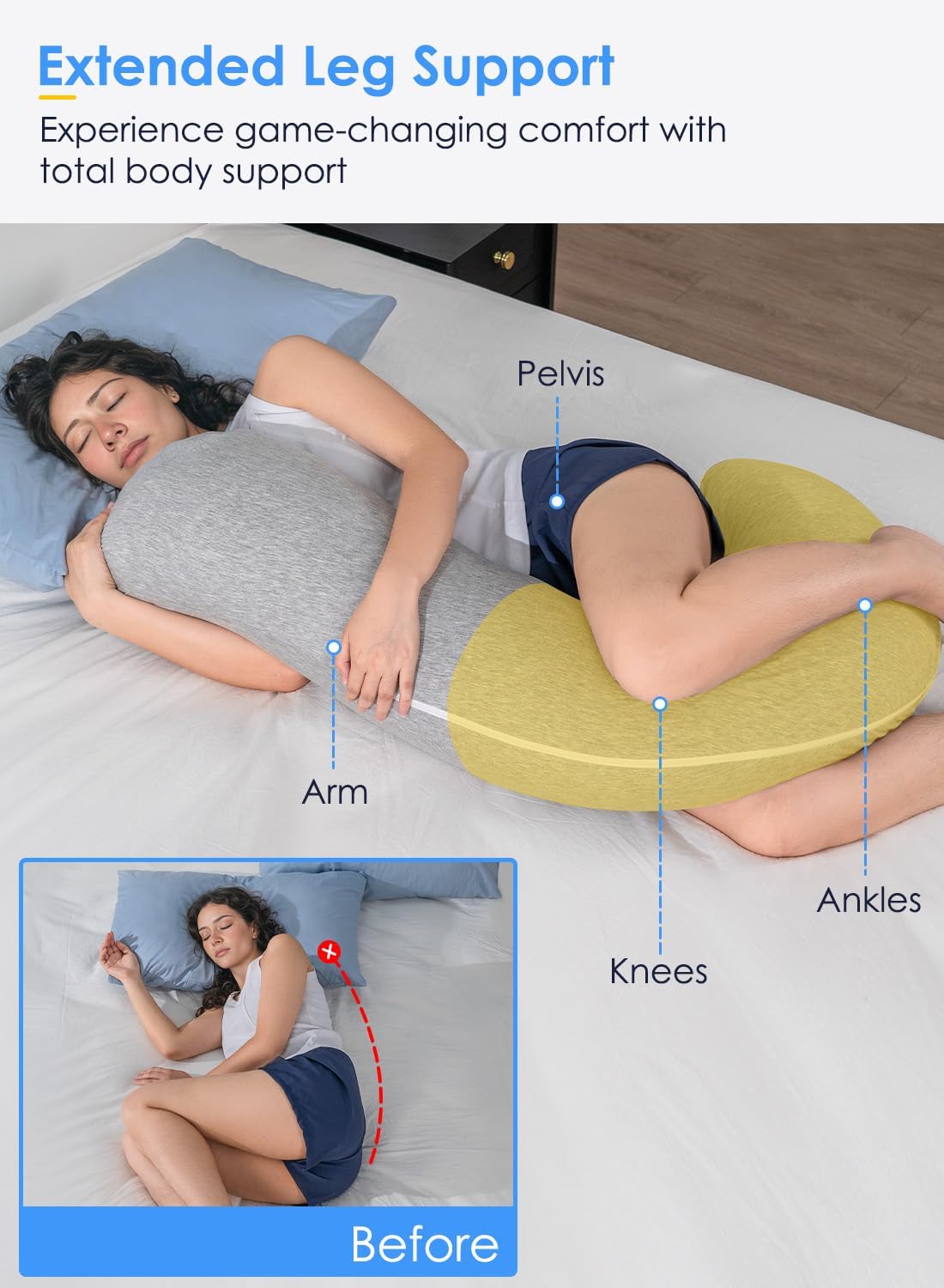 QUEEN ROSE Body Pillow for Side Sleepers, S Shaped Hug Pillow for Adults, Grey - Image 3