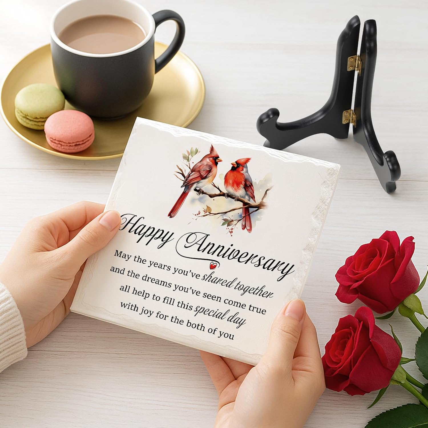 LukieJac Anniversary Couples Gifts - Cardinal Ceramic Plaque - Happy Anniversary Presents for Couples - Romantic Wedding Celebrate Keepsake Desk Decorations Christmas Gift - Image 3