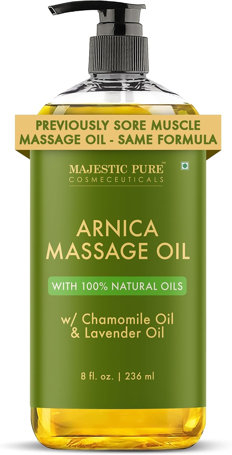 Majestic Pure Arnica Massage Oil, Relaxing Body Oil, 8 Fl Oz | 100% Natural Oil Ideal for post-workout body rubs; smooth glide absorbs fast, leaves skin soft, hydrated, never greasy.