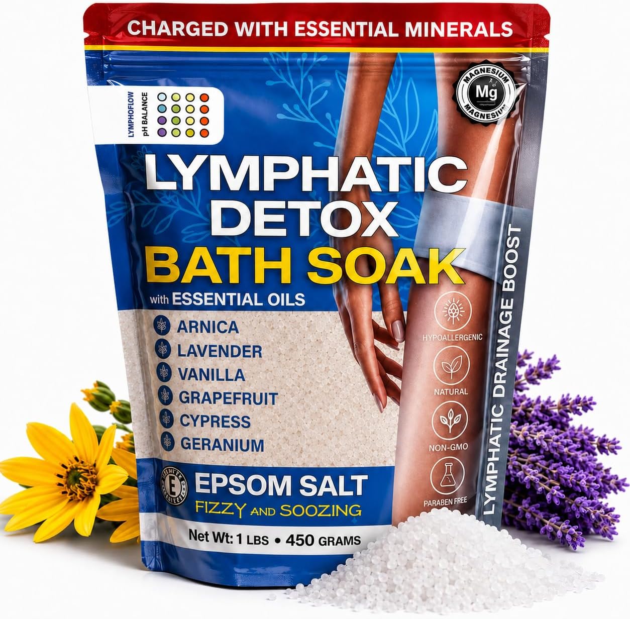 Bruizex Arnica Montana Bath Salts, Epsom Salt Bath Soak with Magnesium, 1lb | Infused with six essential oils; for lymphatic drainage, body detox, foot soaks and post-surgery swelling