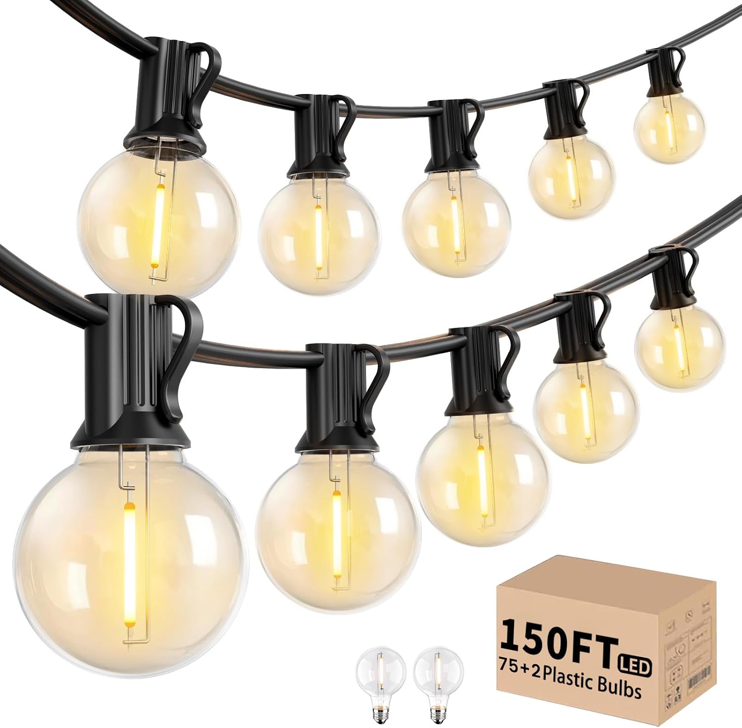 LACHON Outdoor String Lights Waterproof 150 FT with 75 G40 IP65 Bulbs | Dimmable,Connectable,Shatterproof,2700K Warm White,Perfect For Any Outdoor Space,Patio,Backyard,Cafe,Bistro,Porch,Market