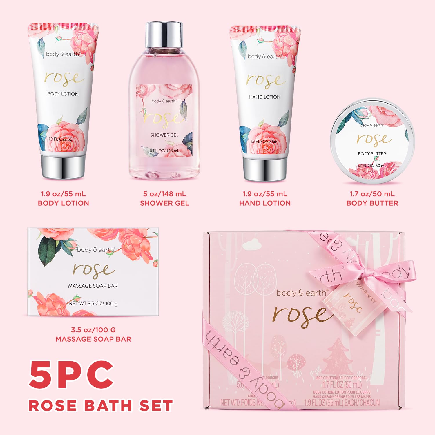 BODY & EARTH Spa Gift Set for Women - Luxurious 5 Pcs Bath and Body Box, Rose Scent, Includes Body Wash, Body Butter, Body Lotion and More, Birthday Christmas Gifts for Mom Self Care Kit for Her - Image 2