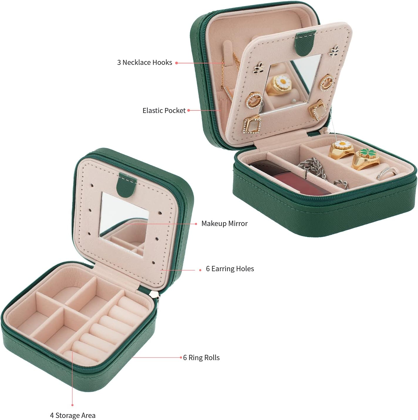 KElofoN Travel jewelry case Travel jewelry box Travel Jewelry Organizer Small box Gift for Girls Women with Mirror(Green) - Image 4