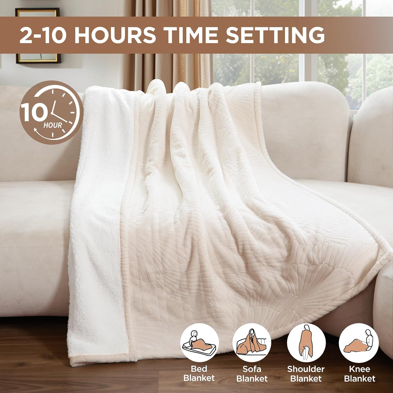 Westinghouse Heated Throw Flower Jacquard Flannel Sherpa 50x60 Beige | Electric Blanket Throw with 6 Heating Levels and 2-10 Hours Auto-Off, Cozy Heated Blanket, Machine Washable, Home Office Use - Image 6
