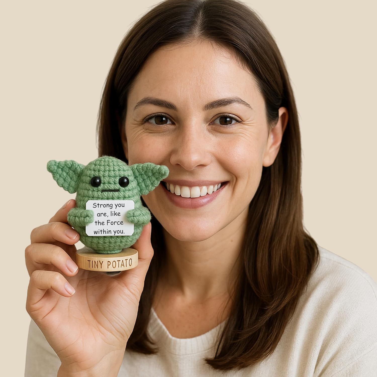 Star Wars Gifts | Handmade Baby Yoda Positive Crochet W/ 30 Fun Affirmations | Gift for Birthday, Emotional Support | Starwars Birthday Decorations for Men, Women | Star Wars Office Desk Decor - Image 3