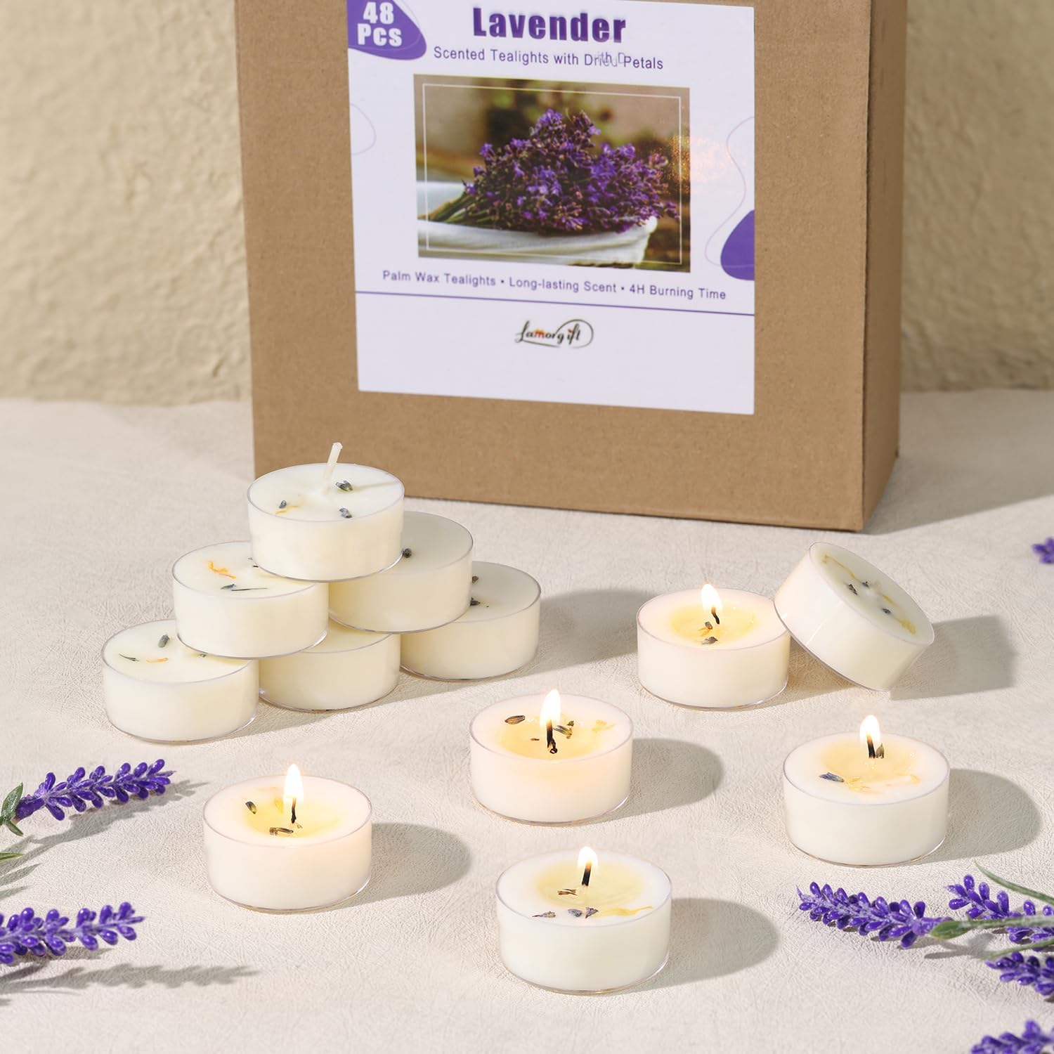 Lavender Scented Tealight Candles, 48 Pack- Extended 4-5h Clear Cup Scented Tea Lights with Handmade Floral Surface, 100% Natural Palm Wax Tealights Smokeless for Relax Sleeping, Yoga, Meditation - Image 2