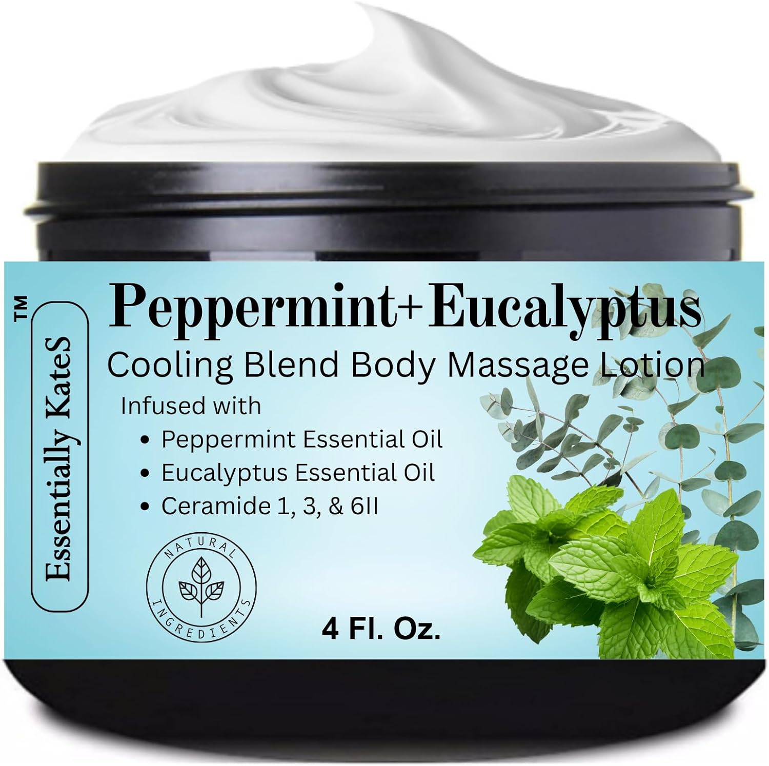 Essentially KateS Peppermint + Eucalyptus Cooling Blend Cream Lotion 4 Fl Oz - enriched with Ceramide 1, 3, and 6II - Soothing After Physical Activity - Providing comfort for overworked muscles.