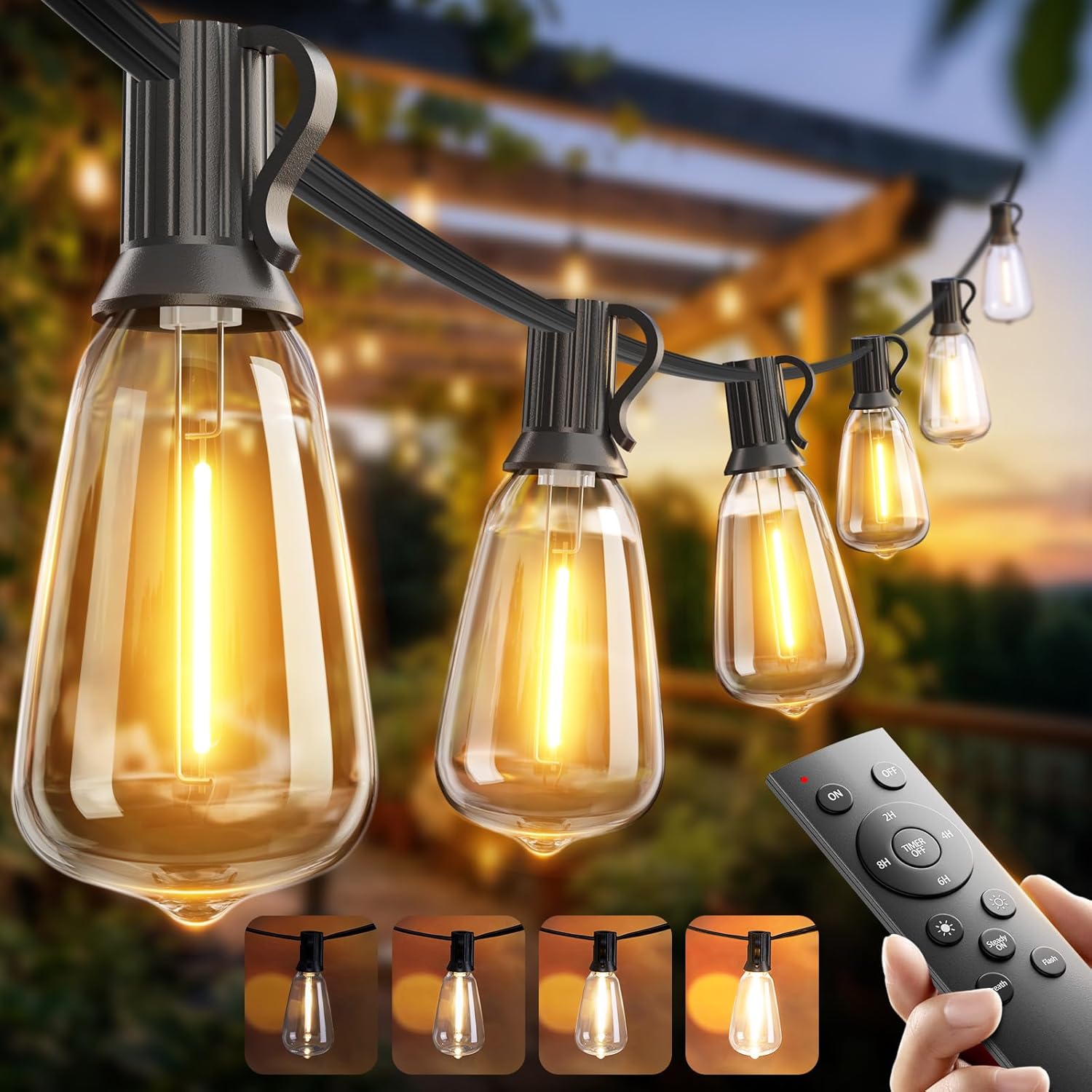 addlon 100FT Outdoor String Lights ST38 LED with Remote Waterproof Dimmable | Shatterproof Replaceable Bulbs, Connectable Hanging Strand for Porch Backyard Patio Garden Deck Outside, Timer,3 Modes
