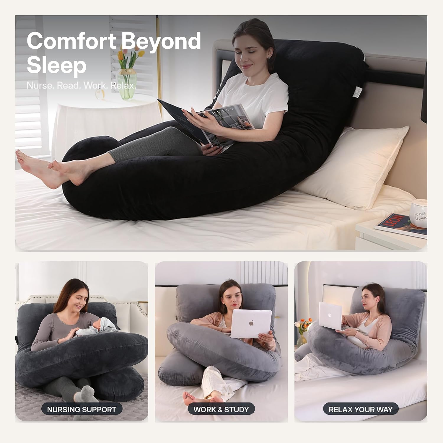 ALLOPERA U Shape Pregnancy Pillow - Full Body Maternity Pillow for Sleeping | Side Sleeper Support for Back, Belly, Hip & Leg, Pregnant Women, Removable & Washable Cover, Adjustable Fill, 57 Inch, Velvet - Image 8