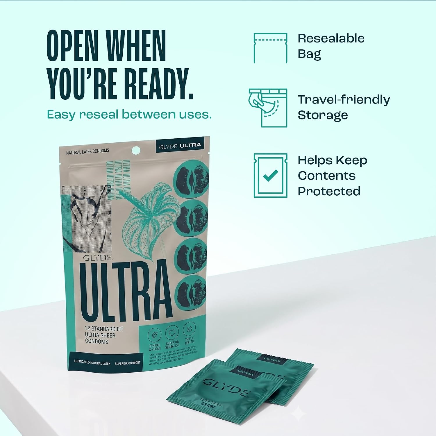 GLYDE Ultra Standard Fit Condoms - Ultra-Thin Medium Size - 12 Count, 53mm | Fragrance-Free, Lightly Lubricated, Body-Friendly, Vegan Formula Condoms, Strong and Secure Fit for Comfort and Natural Feel - Image 3