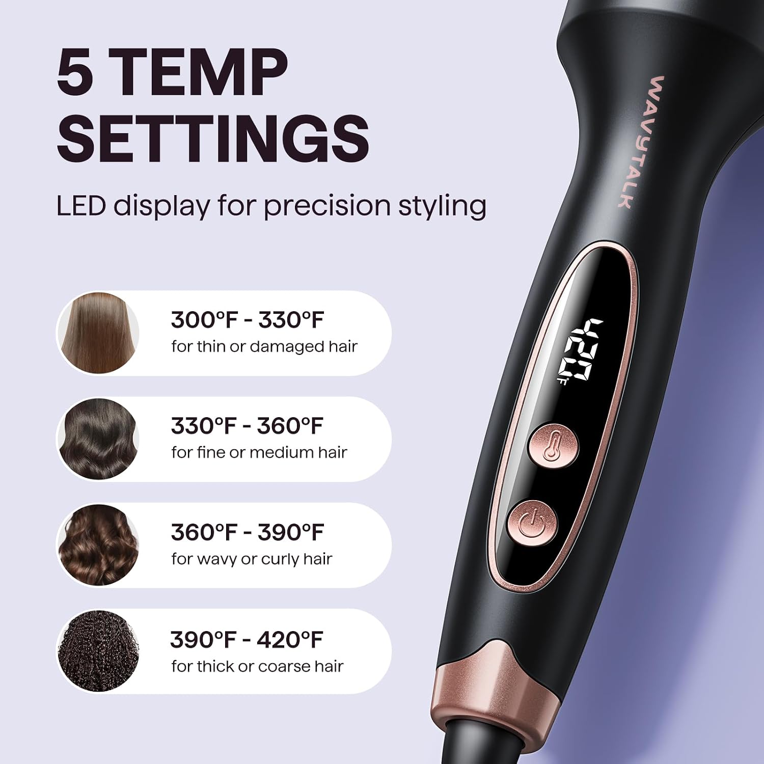 Wavytalk Thermal Brush Blowout Boost 1.5″ Heat Round Brush for Blowout Look | Negative Ion Technology, Tourmaline Ceramic, 5 Temperature Settings Dual Voltage, Less Damage, Rose Gold - Image 5