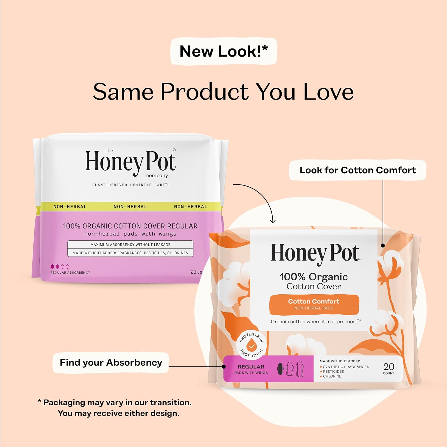 The Honey Pot Company - Cotton Comfort - Regular Pads for Women | Non-Herbal - Organic Cotton Cover - Menstrual Pads w/Wings - No Fragrance, Ultra-Absorbent Pulp Core - Feminine Care - 20ct - Image 2