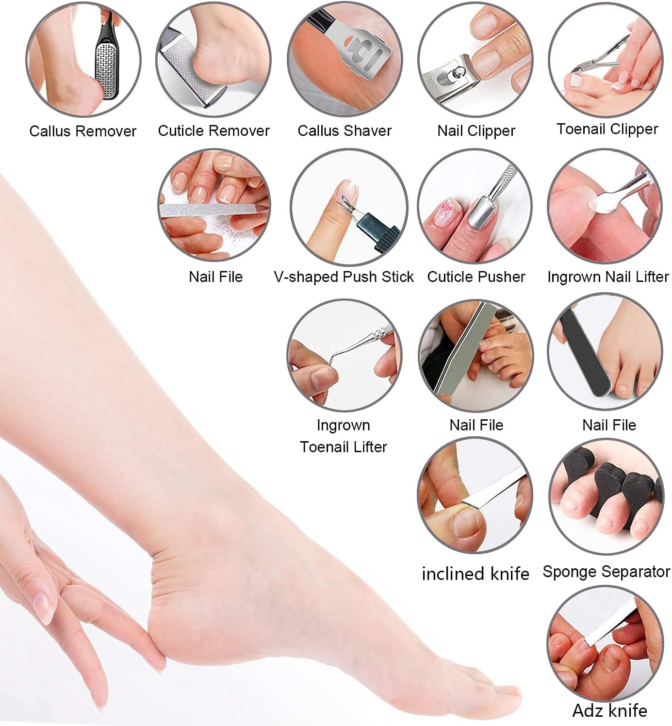 36 in 1 Professional Pedicure Kit, Foot File, Foot Rasp and Callus Remover | Stainless Steel Pedicure Tools for Feet with Foot Scrubber, Nail Clippers and Storage Case for Home or Salon Foot Care - Image 2