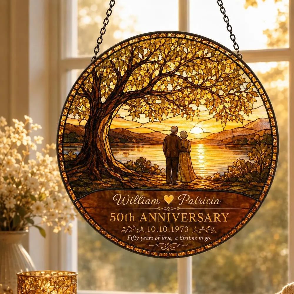 Personalized 50th Wedding Stained Glass Sun Catcher, Custom Names Date Window Hanging Decor, Golden Celebration Keepsake for Parents Home - Image 4