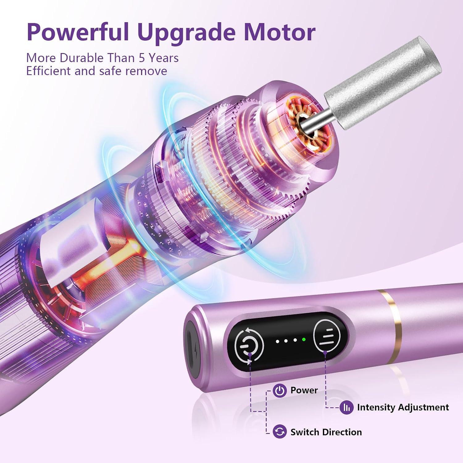 TUOBEO Cordless Nail Drill Electric Nail File Kit, Rechargeable Efile Set | Portable Acrylic Gel Nail Polish Remover Machine, Pedicure Manicure Tool, 11 Bits, 56 Sanding Bands, Salon Home, Purple - Image 5