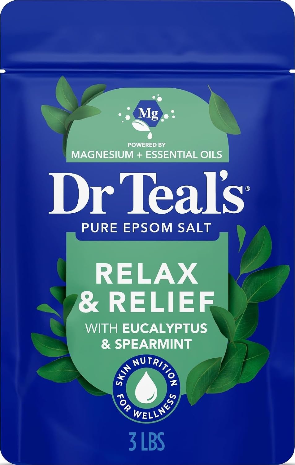Dr Teal's Epsom Salt Magnesium Soak, Relax & Relief with Eucalyptus & Spearmint Essential Oils, 3 lbs