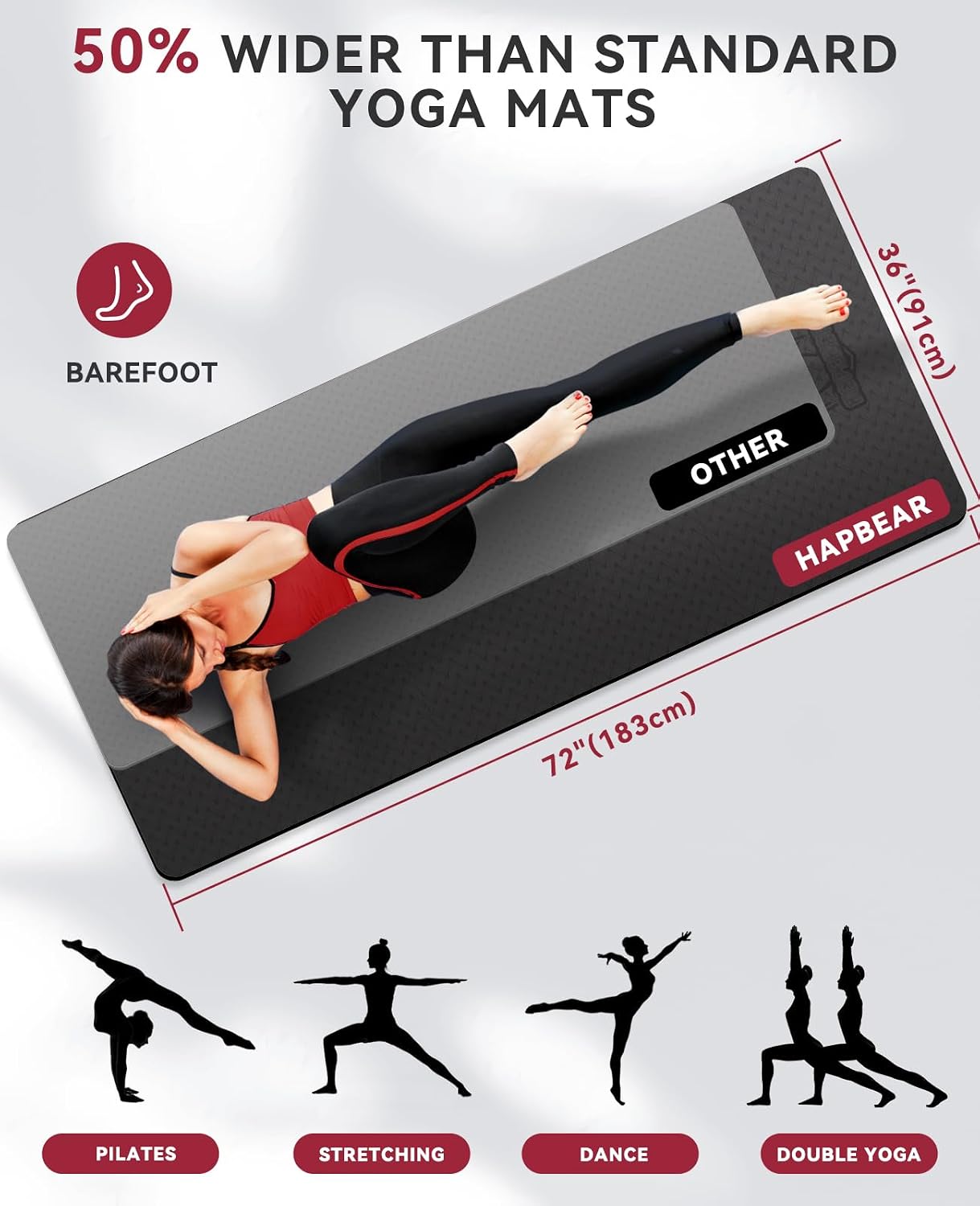 HAPBEAR Large Yoga Mat - 72"x36"x6mm (1/4 inch), Extra Wide Non-Slip Exercise Mat for Home Workout, Yoga, Pilates & Stretching, Durable, Includes Carry Bag - Image 2
