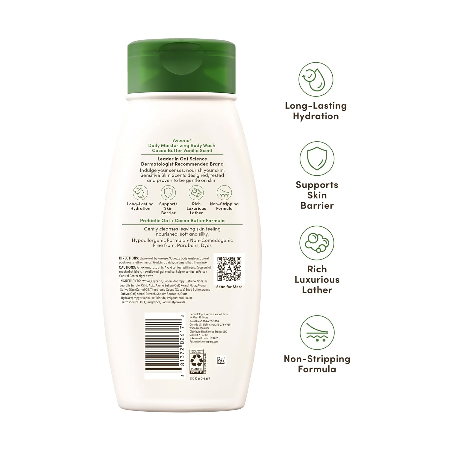 Aveeno Daily Moisturizing Body Wash, Cocoa Butter Vanilla, 18 fl. oz | Cocoa Butter Vanilla Scent, Soothing Prebiotic Oat, Long-Lasting Hydration for Sensitive Skin, Hypoallergenic, Paraben-Free - Image 8