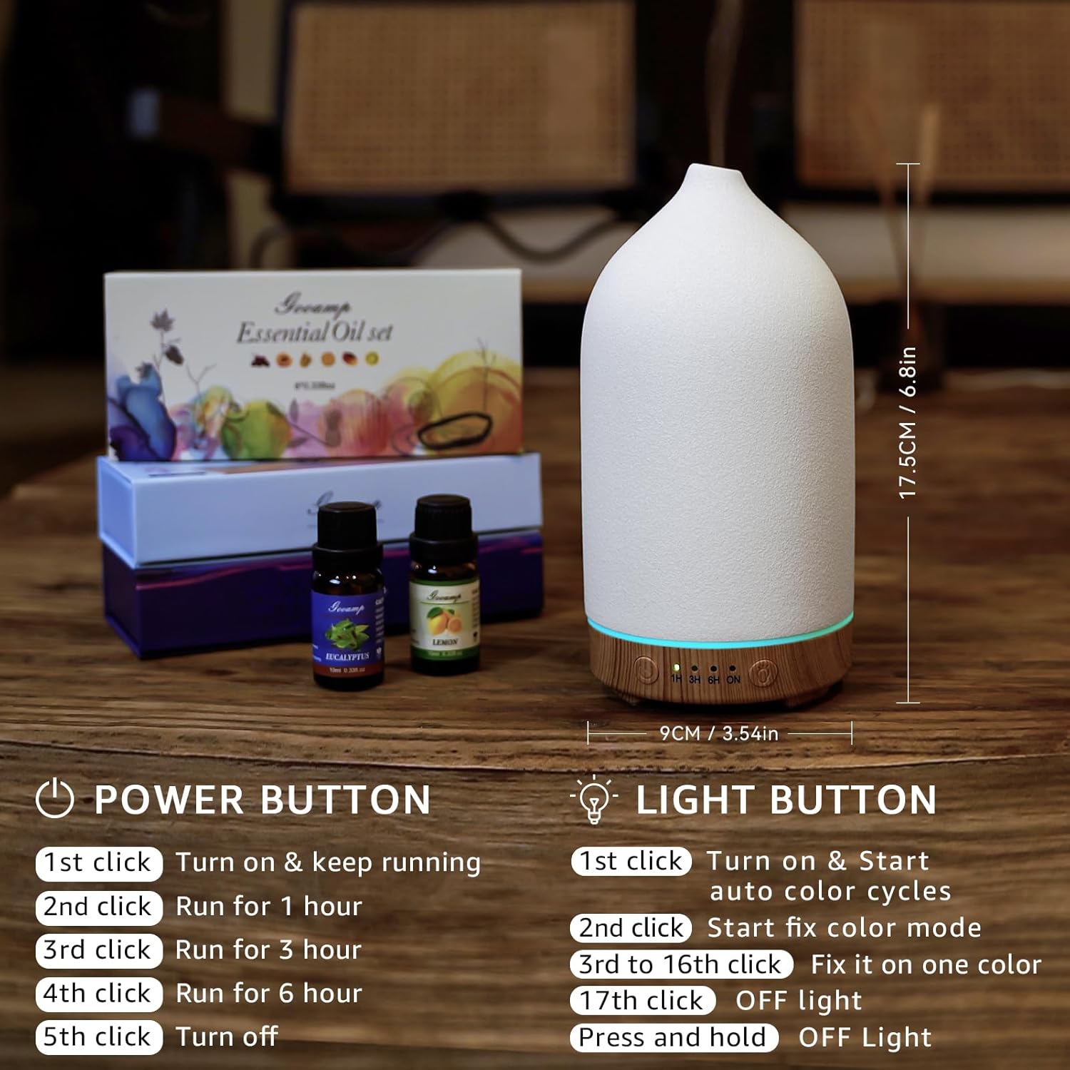 200ML Ceramic Essential Oil Diffuser for Home, Stone Diffuser | Ultrasonic Aromatherapy Diffuser & Air Humidifier for Bedroom, Office, Yoga, 7 LED Lights, Auto Shut-Off, 3 Timers,Wood Grain - Image 8