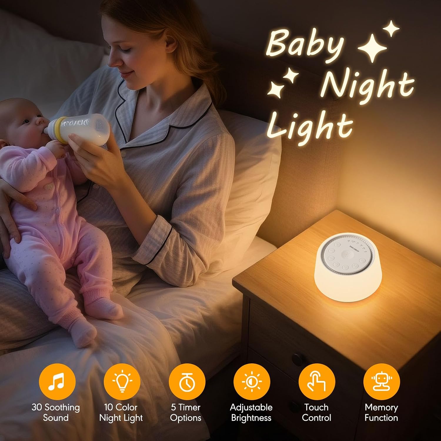 White Noise Machine with Night Light, 30 Soothing Sounds Portable Sound Machine for Baby and Adults, 10 Color Night Light, 5 Timer Options, Memory Function,Compact for Travel (White) - Image 2