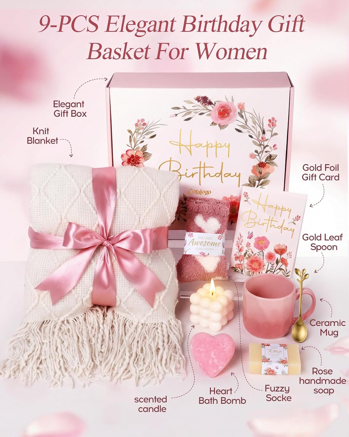 Rose Themed Birthday Gifts for Women - Pink Birthday Spa Gift Basket for Women Unique 9pcs Self Care Gift Basket with Plush Knit Blanket for Mother Wife Girlfriend Bestie Her - Image 2