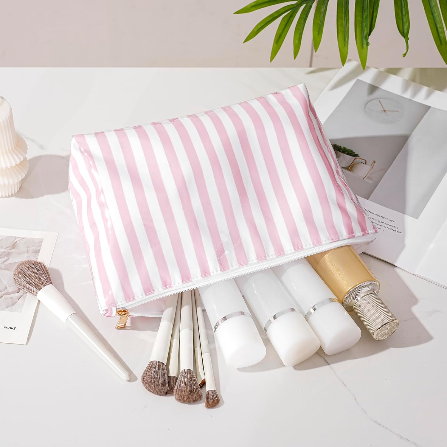 Large PVC Waterproof Striped Makeup Bag(04Pink Stripe) | Clear Coated, Easy to Clean Cosmetic Bags Travel Organizer Zipper Pouch Beach Vacation Essentials for Women Girls - Image 4