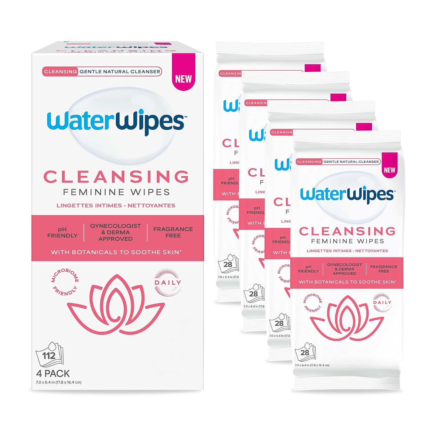 WaterWipes Cleansing Feminine Wipes, pH Friendly for Daily Intimate Care, Soothing Botanicals, Gynecologist Approved, Fragrance Free, 112 Count (4 Packs)