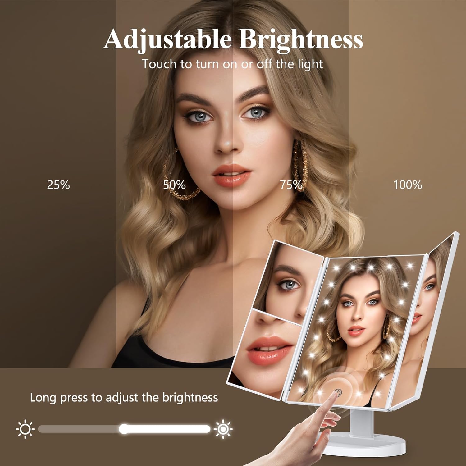HUONUL 2X/3X/10X Magnifying Vanity Mirror with Light, Trifold Makeup Mirror | Touch Dimming, Dual Power, Clear View for Makeup, Skincare. Dorm Room Essentials. Birthday Gifts for Women, Mom, Wife, Girls - Image 3