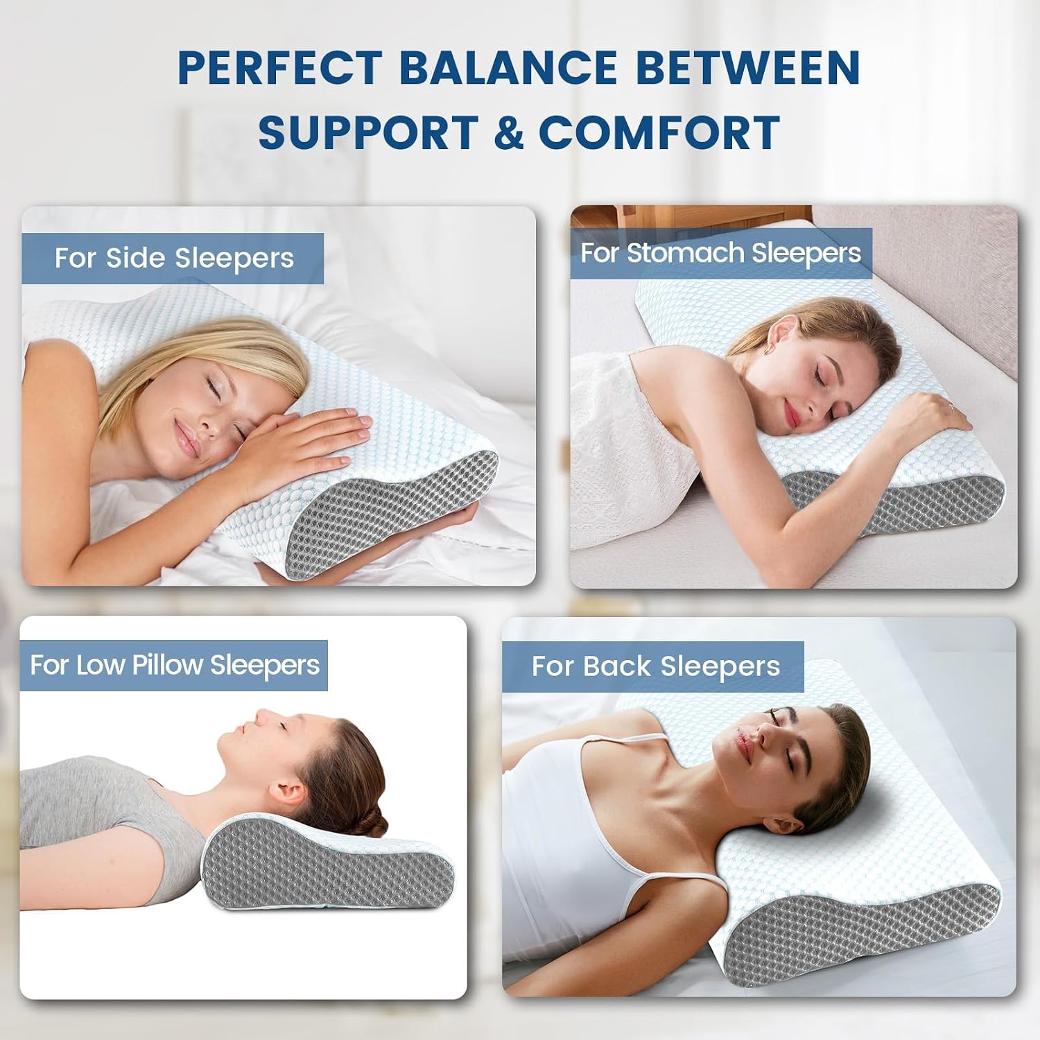 Memory Foam Pillows Neck Pillow Bed Pillow for Sleeping, Ergonomic Cervical Pillow for Neck and Shoulder Pain Relief,Orthopedic Contour Pillow for Side Back Stomach Sleeper(Blue&Grey) - Image 6