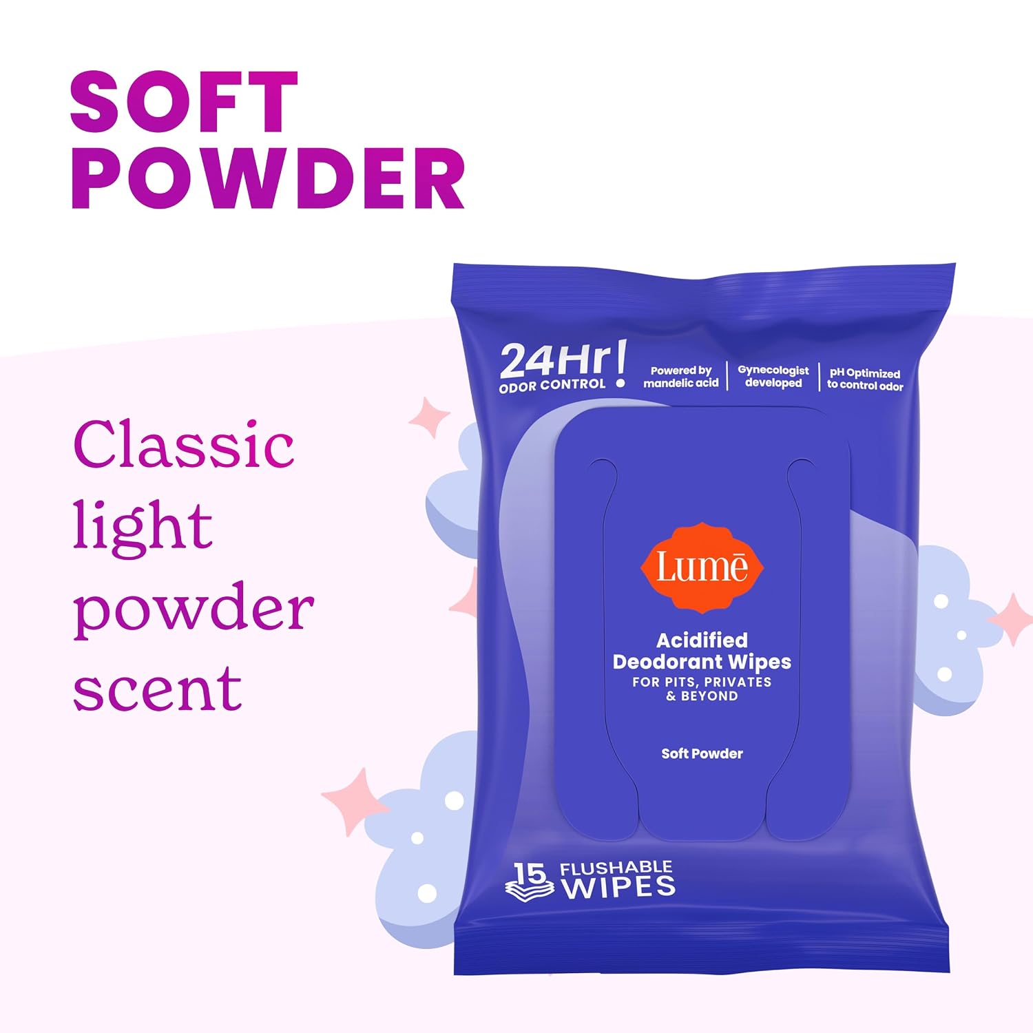 Lume Acidified Deodorant Wipes - 15 ct, 3 pk (Soft Powder) | 24-Hour Odor Control, Aluminum & Baking Soda Free, Flushable Whole-Body Deodorant Wipes for Women - Image 5