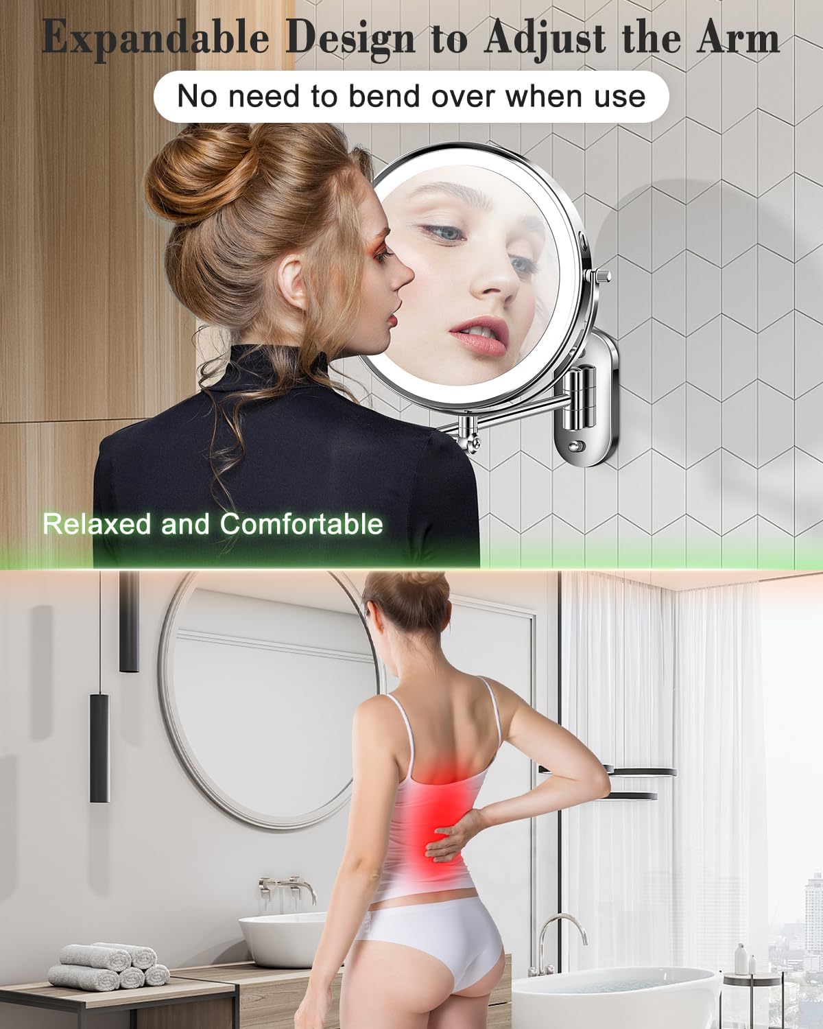 9'' 30X/1X Wall Mounted Height Adjustable Lighted Magnifying Makeup Mirror | 5000mAh Rechargeable Bathroom Mirror with 3 Color Modes Light, Extended Arm Space Saving for Apartment, Hotel, Rental House - Image 6