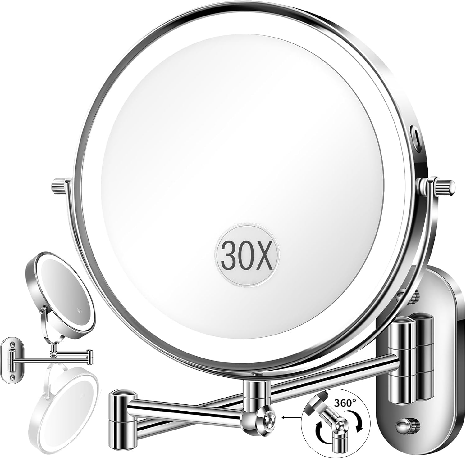 9'' 30X/1X Wall Mounted Height Adjustable Lighted Magnifying Makeup Mirror | 5000mAh Rechargeable Bathroom Mirror with 3 Color Modes Light, Extended Arm Space Saving for Apartment, Hotel, Rental House