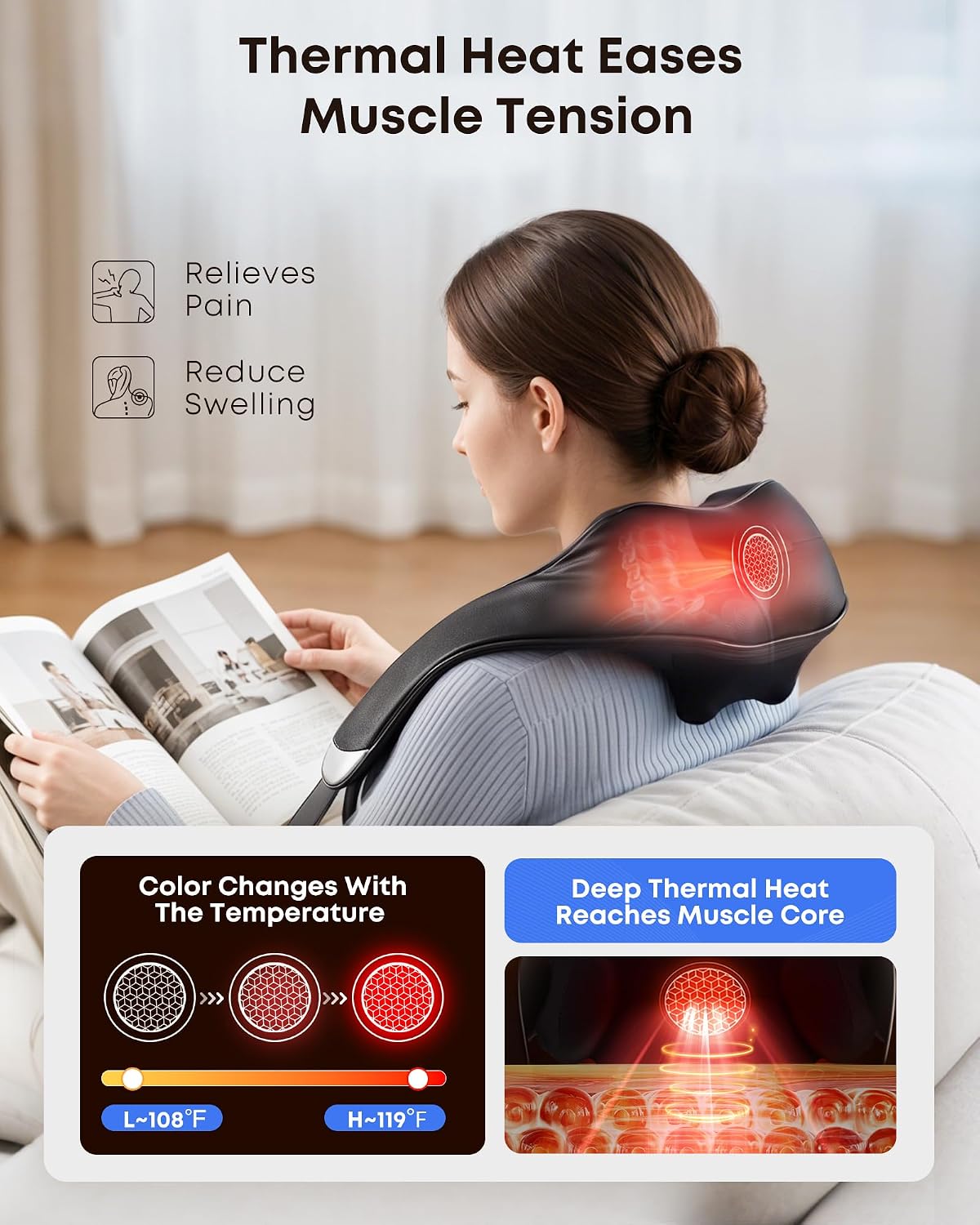 EaseZen Cordless Neck Massager with Heat for Pain Relief Deep Tissue | 4D Shiatsu Deep Kneading Neck and Shoulder Massager for Back & Waist, Portable & Rechargeable, Home Office Travel Use - Image 3