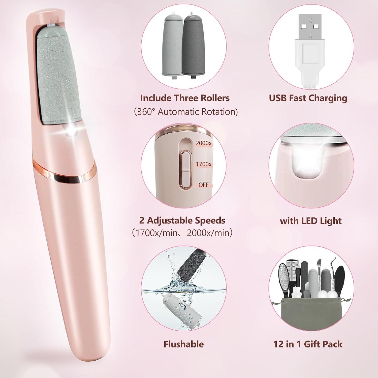Electric Callus Removers for Feet, Haootadiy Electric Foot Callus Remover Pedicure Kits Rechargeable with12 in 1, Removes Dry Skin for Smoother Feet, Foot Care for Dead Skin Ideal Gift, Assorted - Image 2