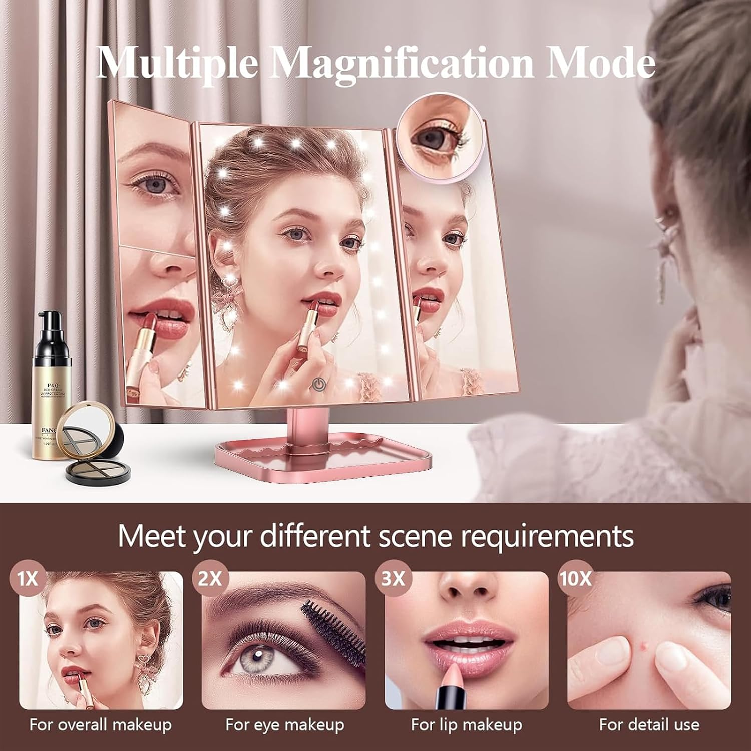 HUONUL 2X/3X/10X Magnifying Vanity Mirror with Light, Trifold Makeup Mirror | Touch Dimming, Dual Power, Clear View for Makeup, Skincare. Dorm Room Essentials. Birthday Gifts for Women, Mom, Wife, Girls - Image 2