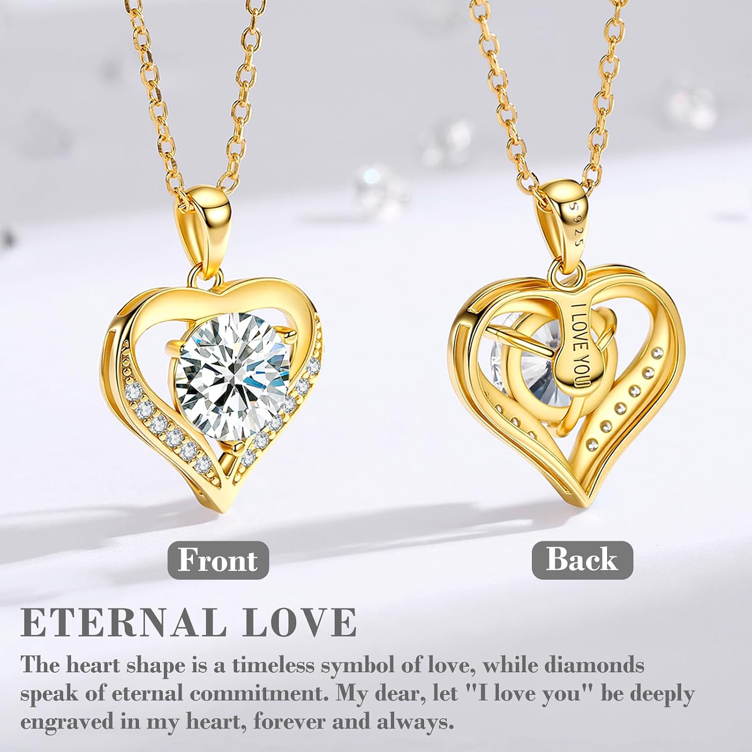 DALOJOE Moissanite Necklace for Women, 18K Gold Plated 925 Sterling Silver | 1-3 CT Moissanite Heart Necklace Engraved with "I LOVE YOU" – Anniversary or Birthday Jewelry Gift for Women, Wife or Mom - Image 4