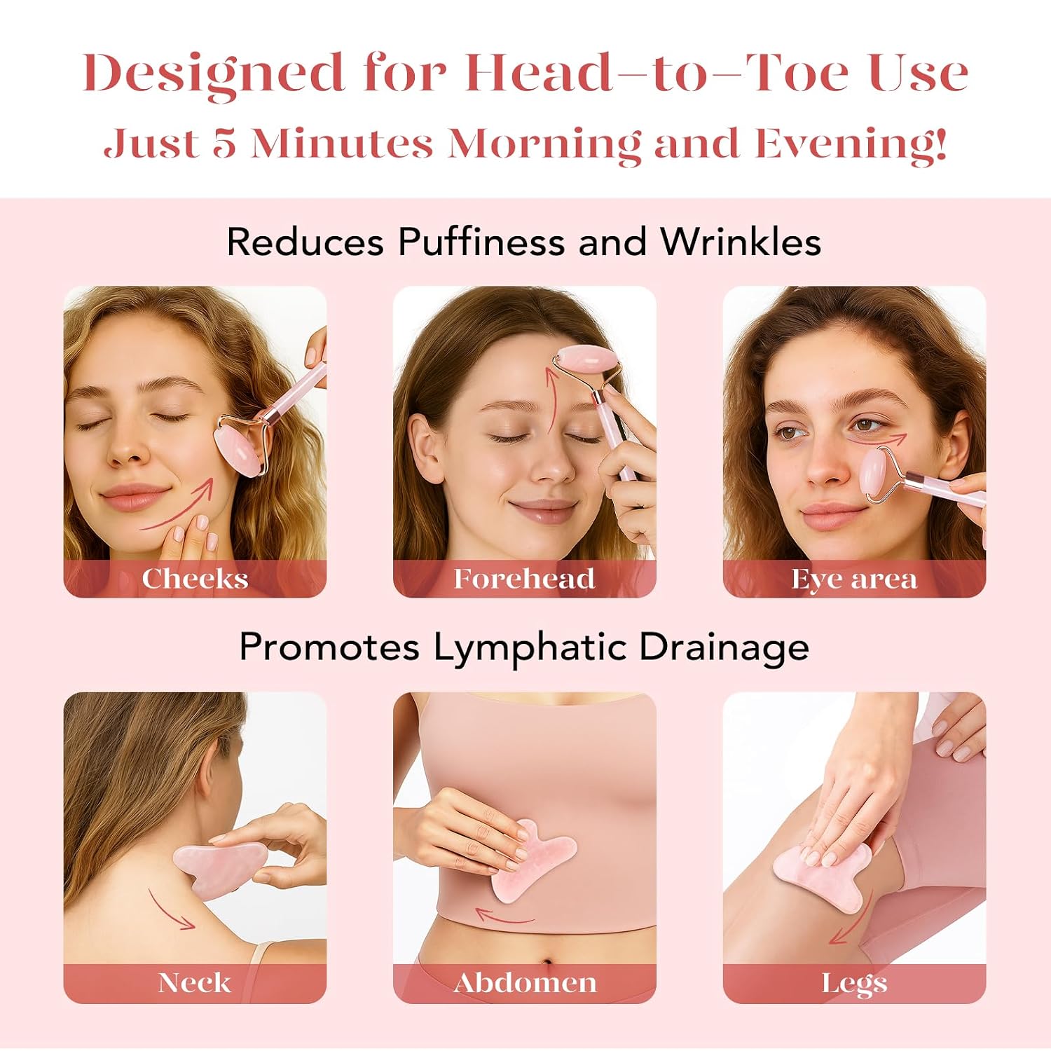 BAIMEI IcyMe Rose Quartz Roller & Gua Sha Facial Tool Set for Depuffing | Cooling Face Roller for Lymphatic Massage,Sculpting Tool for Face, Eyes & Neck, Skin Care Gifts for Women,Spa & Travel Use - Image 6