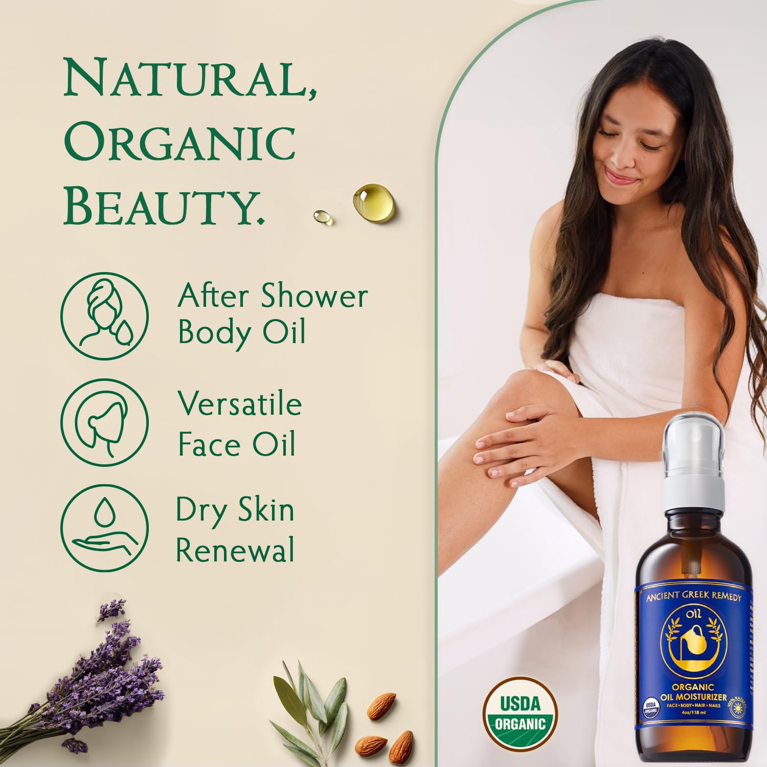 Organic Body & Face Oil for Dry Skin, Hydrating After Shower Moisturizer | Lightweight Nourishing Facial & Body Oil, Natural Cold-Pressed Almond, Olive, Jojoba, Rosehip & Lavender Oils, Vitamin E - Image 2