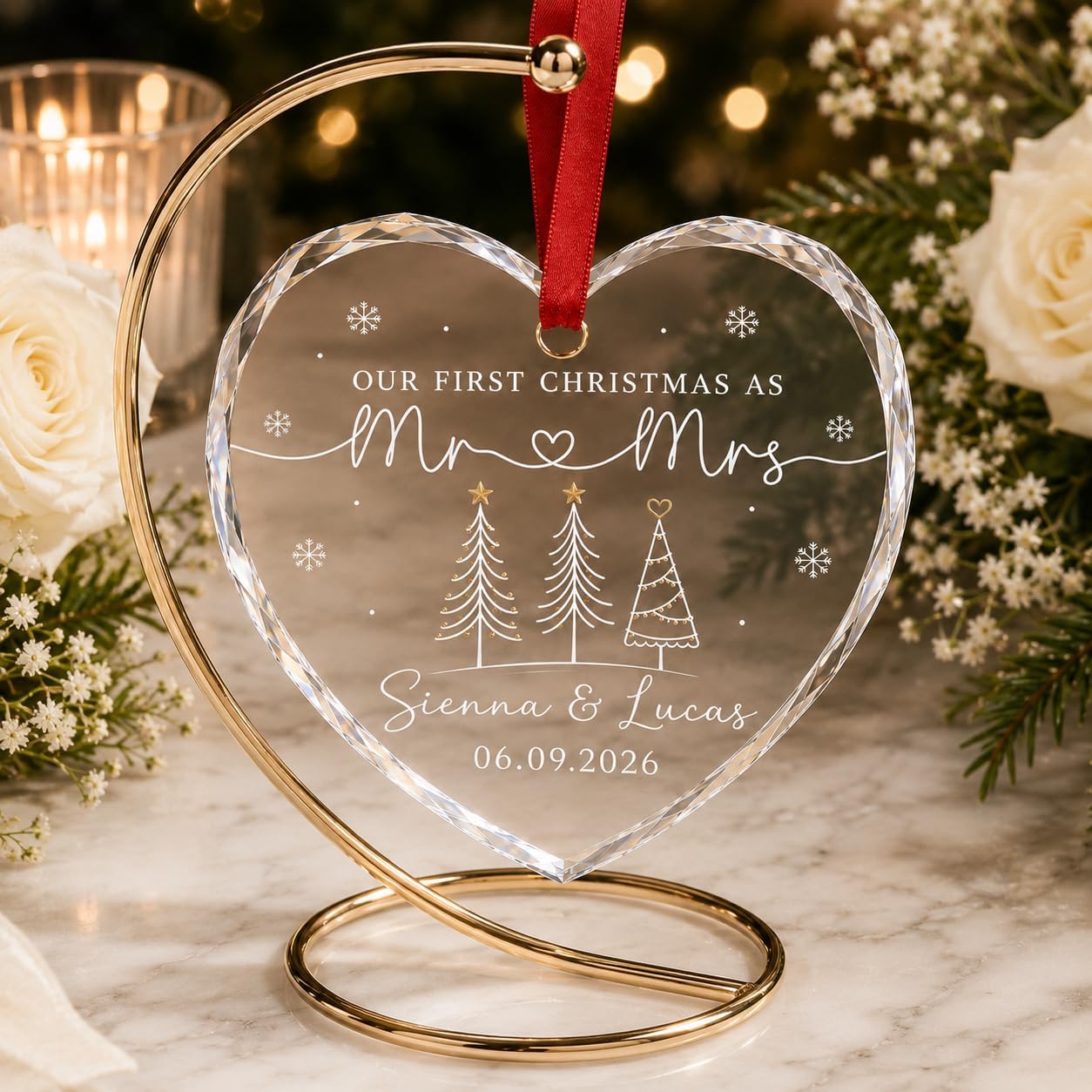 Mr Mrs Ornament - Christmas Wedding Gift for Newlywed Couple - Merry & Married Glass Ornament - Our 1st Christmas Mr Mrs Gifts for Bride, Groom, Husband, Wife - Image 4