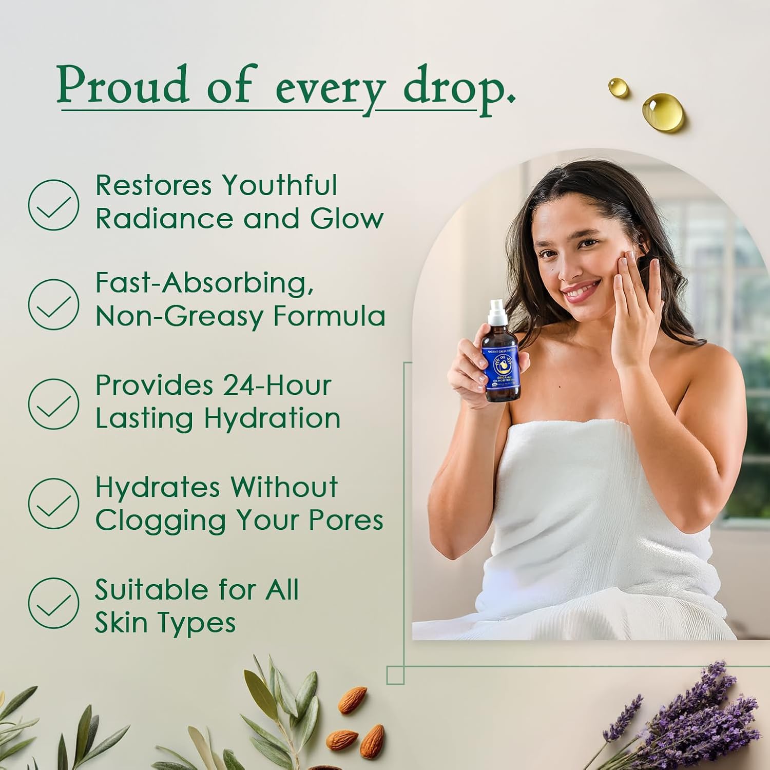 Organic Body & Face Oil for Dry Skin, Hydrating After Shower Moisturizer | Lightweight Nourishing Facial & Body Oil, Natural Cold-Pressed Almond, Olive, Jojoba, Rosehip & Lavender Oils, Vitamin E - Image 4