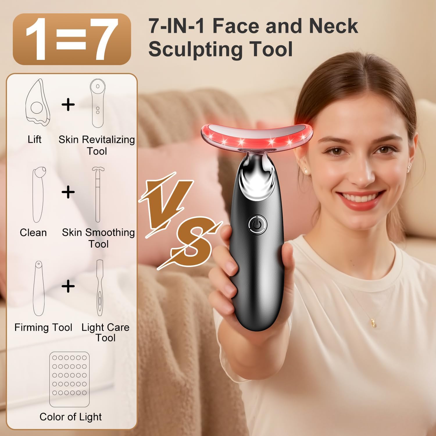 Red Light for Face and Neck, 7-in-1 Face Massager Tool, 3-Color Portable Facial Massager for Skin Care (5.9in) - Image 2