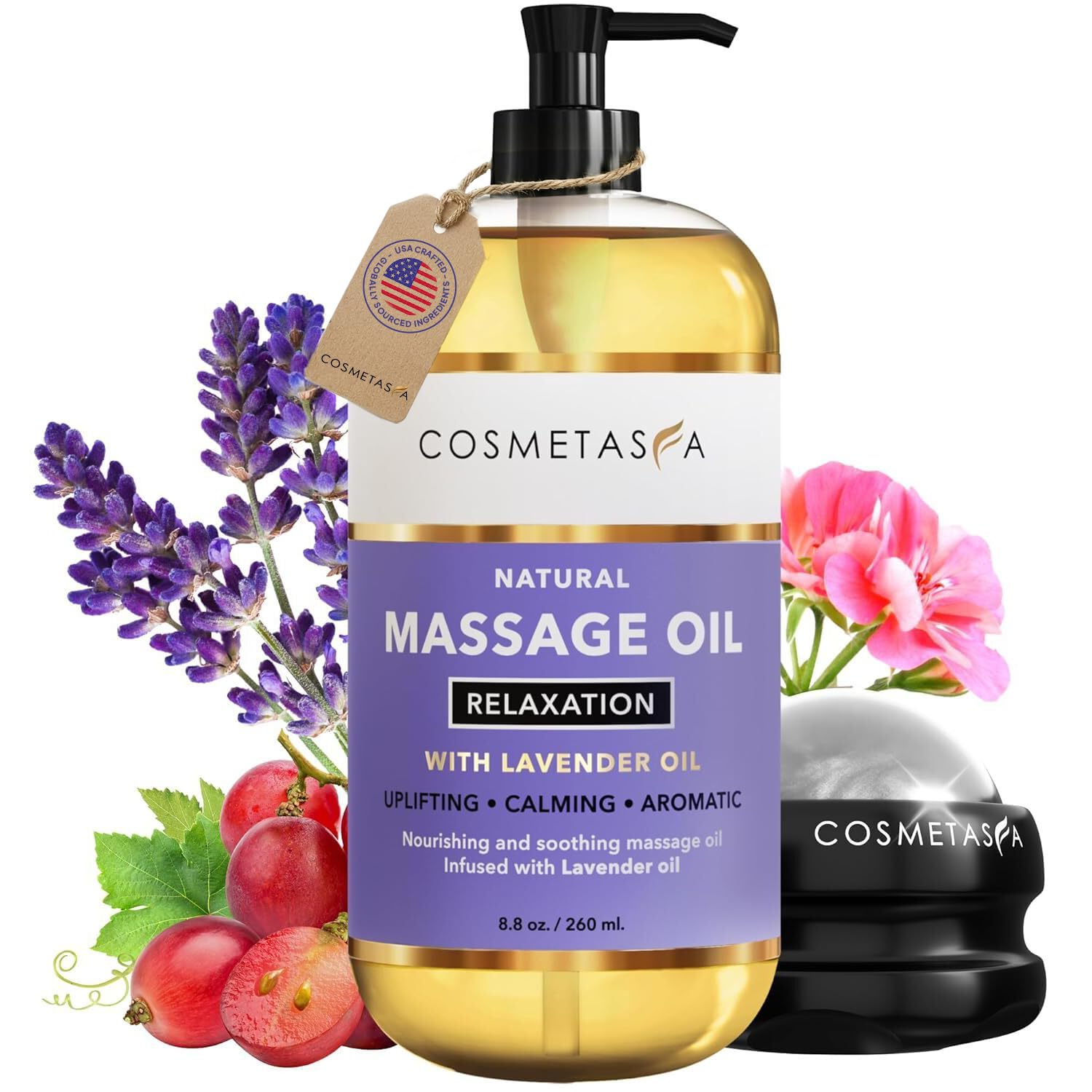 Cosmetasa Lavender Massage Oil for Massage Therapy with Roller - All Natural, Cruelty-Free & Spa Quality Skin Therapy Oil & Soothing Care - Lavender, Geranium & Grapeseed Oil (8.8 oz)