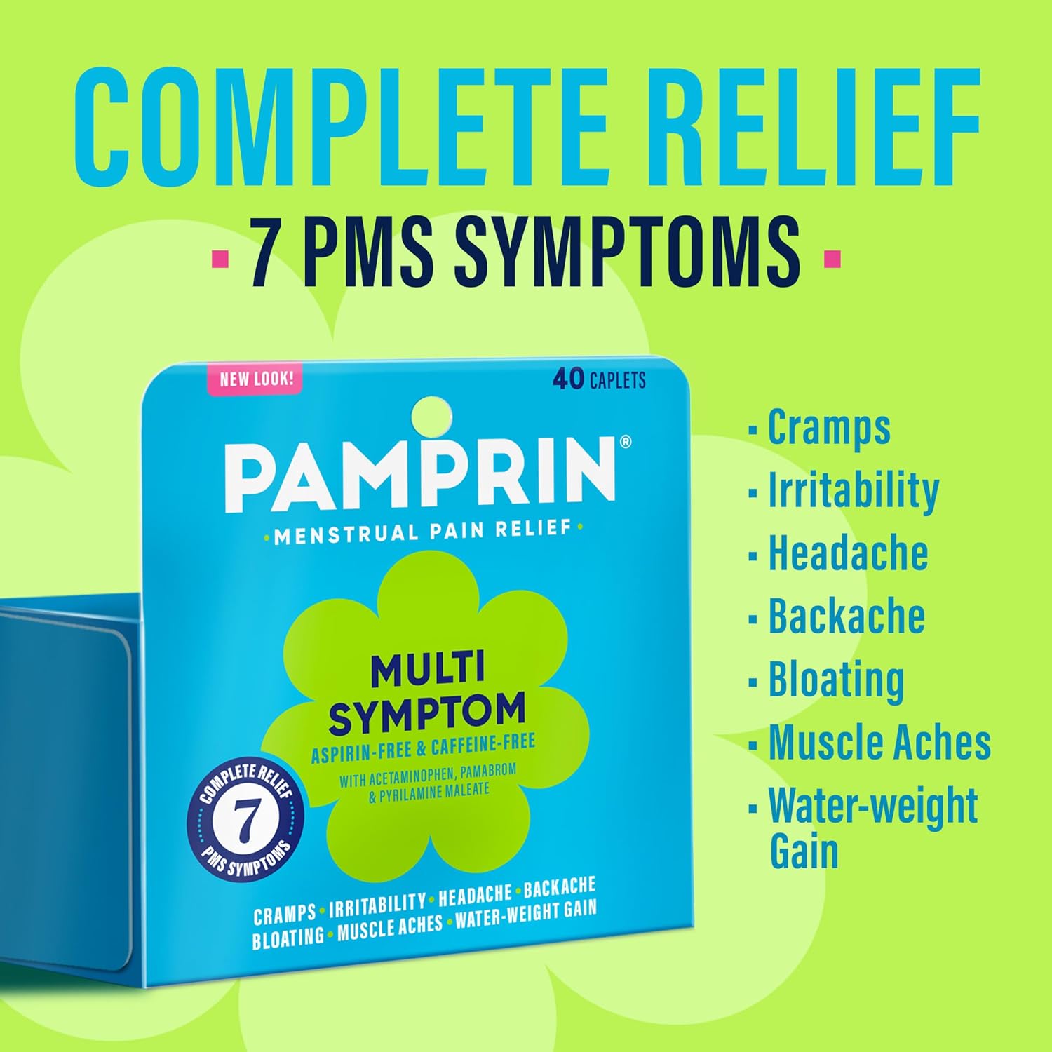 Pamprin Multi-Symptom Formula, with Acetaminophen, Menstrual Period Symptoms Relief including Cramps, Pain, Bloating, and Irritability 40 Caplets - Image 3